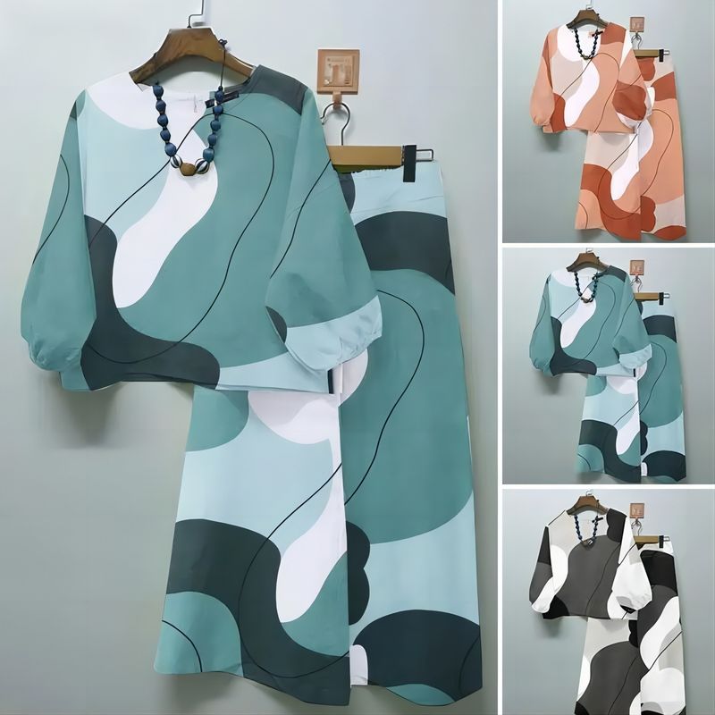 Lente Nieuwe Dames Geometrische Print Casual Matching Set Bohemian Top Wijde Broek 2-delige Set_voghion.com