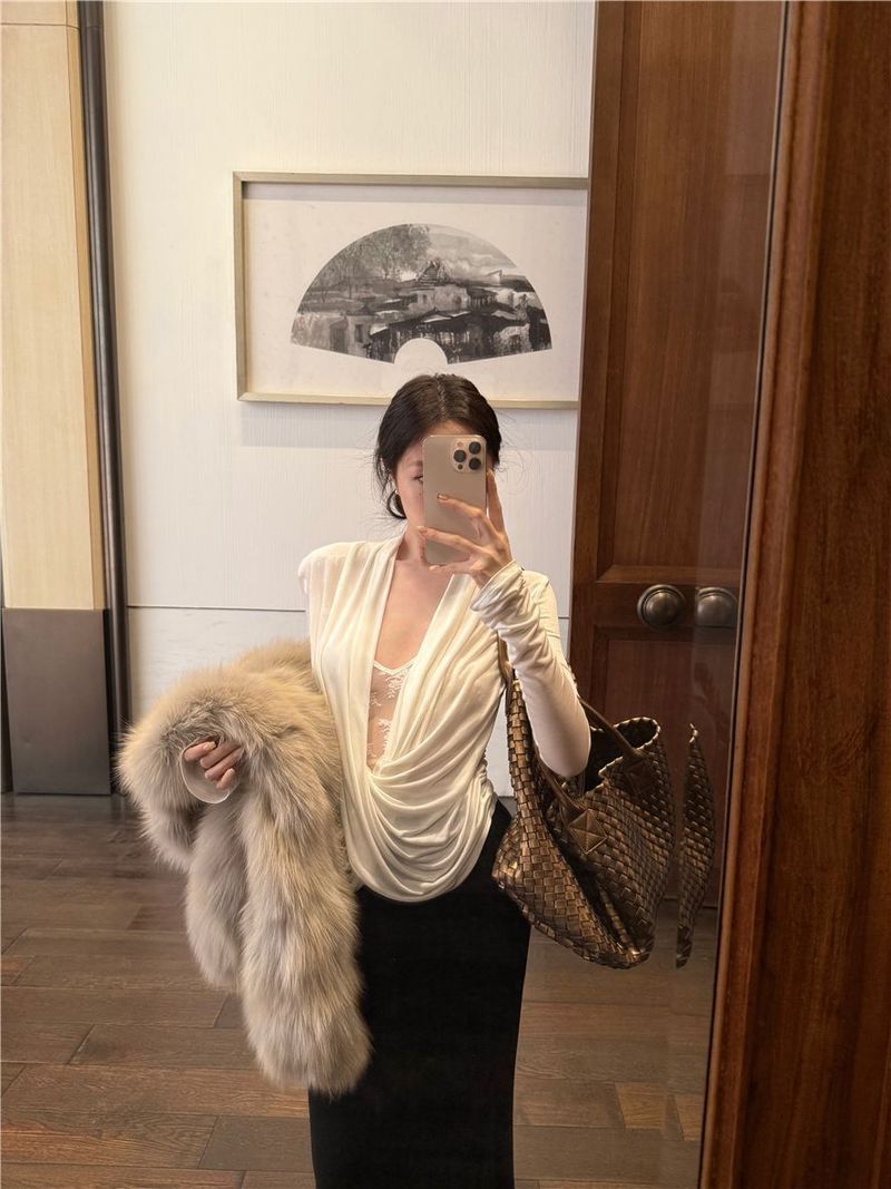 Sexy tričko ve francouzském stylu s výstřihem do V, mírně průhledné, pro ženy, jarní krajkový střih, s úzkým topem uvnitř_voghion.com