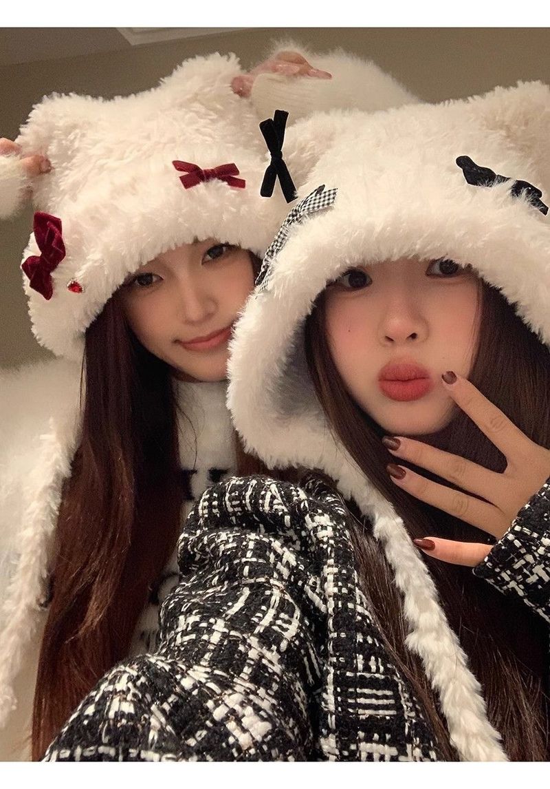 Homemade Autumn And Winter Atmosphere Sticker, Cute Plush Teddy Bear, Internet Famous Bow, Warm Ear Protection Hat,_voghion.com
