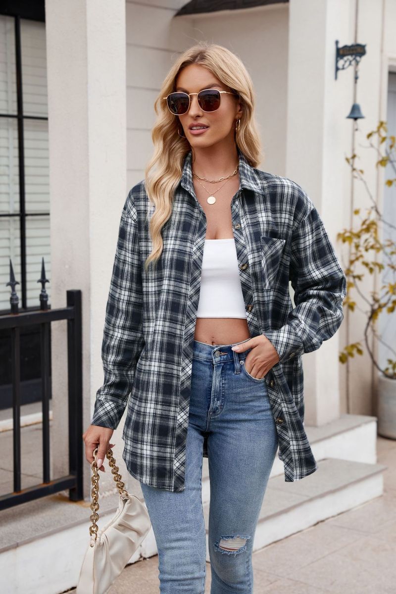 Camicia oversize in flanella a quadri da donna, manica lunga, casual, streetwear, vestibilità ampia, con bottoni e tasca_voghion.com