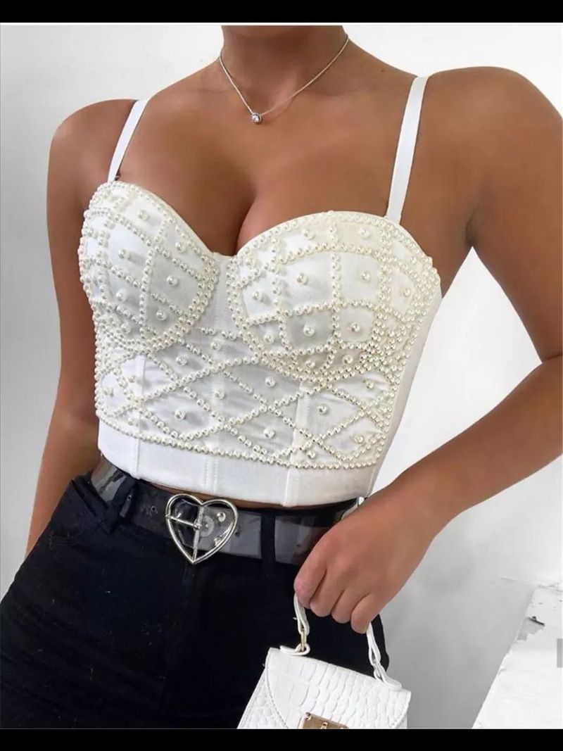 Corsetto sexy con spalline di perle - Bustino regolabile con lacci per donna, moda estiva elegante e chic_voghion.com