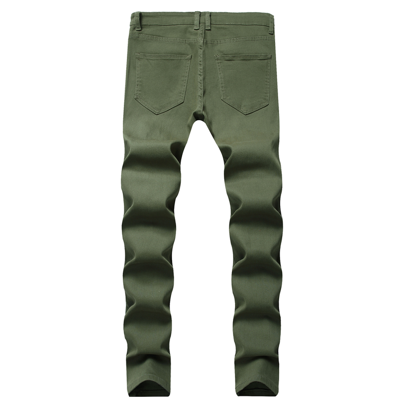 2020 Neue europäische und amerikanische Außenhandels-Herrenjeans im Slim Fit, gerader Schnitt, Mehrloch-Motorrad-Bettlerhose in Rot-Armee-Grün_voghion.com
