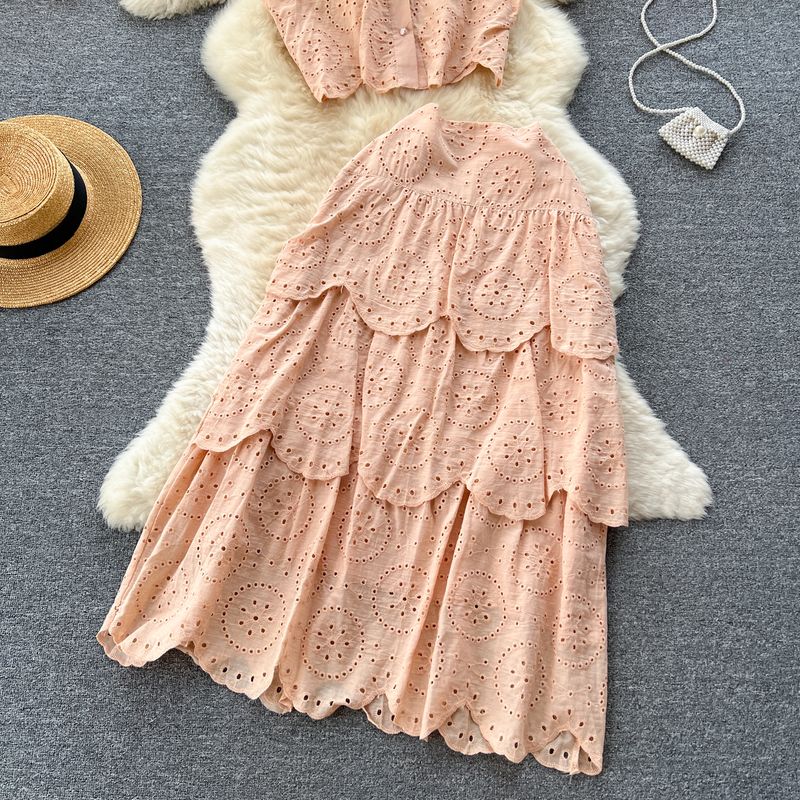 Camisa bordada sin mangas con cortes a la moda para mujer, falda peplum adelgazante de cintura alta_voghion.com