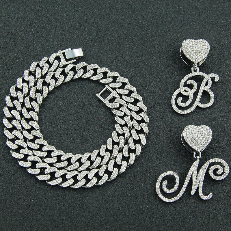 Hip Hop Flower Grass Body 26 English Letter Pendant Necklace Heart Button Full Diamond Cuban Chain Accessories_voghion.com