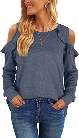 Top oversize da donna in maglia con spalle scoperte e orlo arricciato - Maglione casual in morbido misto cotone per autunno inverno_voghion.com