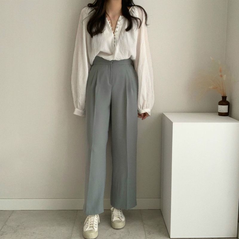 Camicia a maniche lunghe ampia e sottile con fibbia a conchiglia, girocollo semplice ed elegante coreana, per donna, 2024_voghion.com
