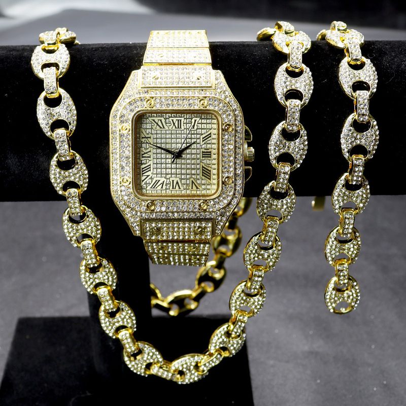 Full Diamond Hip Hop Watch Character Cuban Bracelet Necklace Set Roman Scale Calendar Quartz Watch_voghion.com
