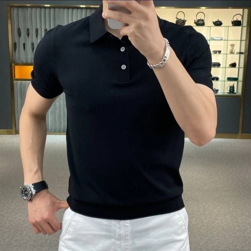 2025d Men's Thin Knit Shirt Trendy Stretch Breathable Solid Color T-Shirt 3-Button Short Sleeve Slim Fit Turn-down Collar Mint_voghion.com