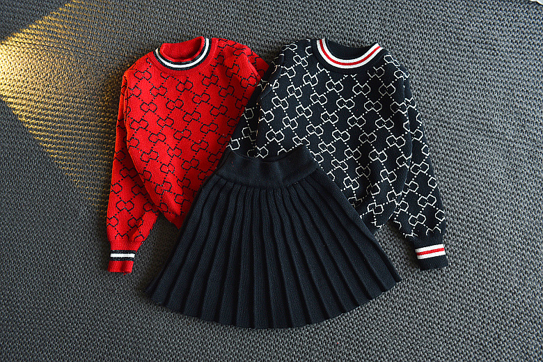 Ropa para niños, suéter tejido a la moda para niñas de otoño + falda arrugada, conjunto de dos piezas, traje para niños_voghion.com