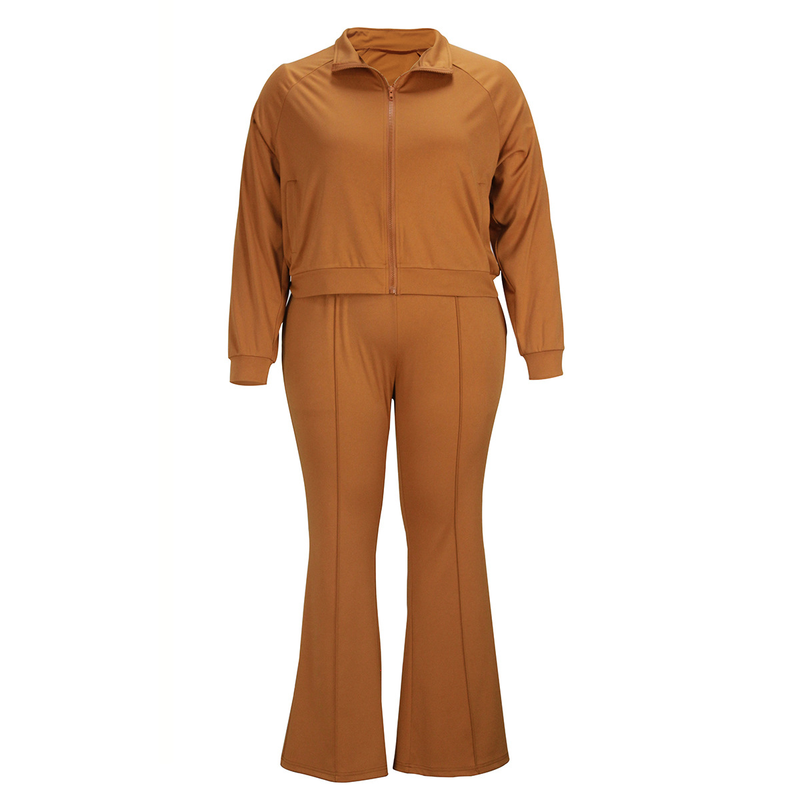 Women's solid color sportswear suit zipper top flare two-piece set_voghion.com
