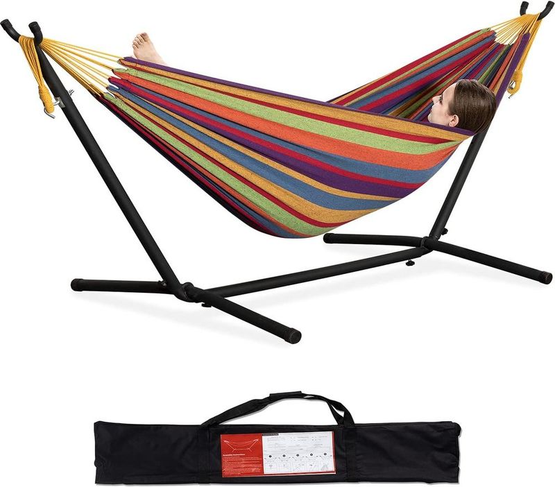 Double Hammock With Space Saving Steel Stand 2 Person Heavy Duty Garden Yard Outdoor 450lb Capacity Hammocks And Portable Carrying Bag (Tropical)_voghion.com