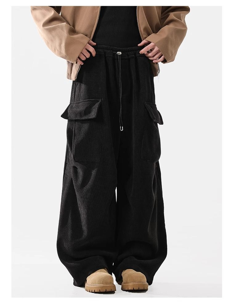 Corduroy Cargo Pants With Fleece Lining – High Waist, 65% Polyester, Drawstring Closure, Black/Khaki, S-XXL (Unisex Winter)_voghion.com