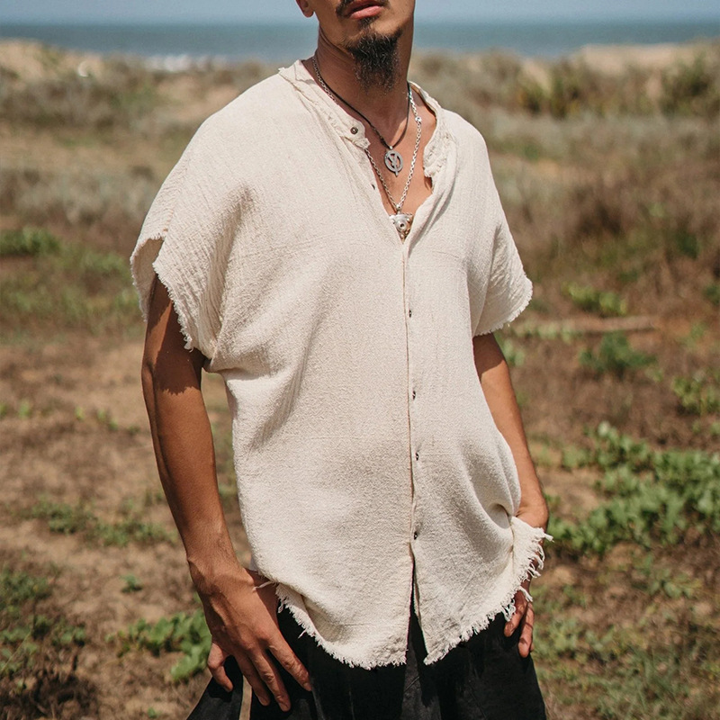 Camicia da uomo in cotone e lino a maniche corte cardigan tinta unita casual T-shirt ampia da uomo_voghion.com