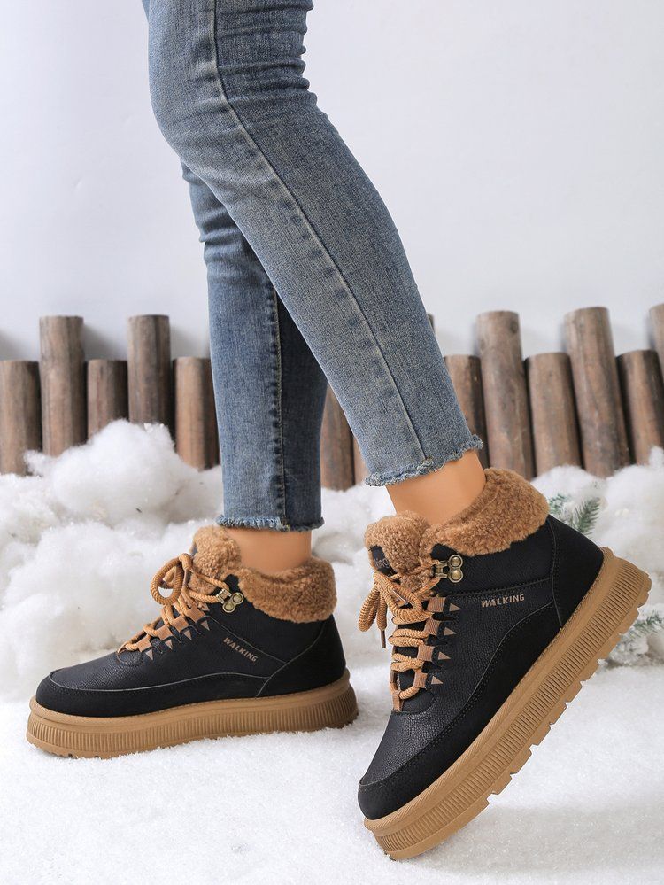 Damen Winterstiefel aus Baumwolle, warm, modisch, zum Schnüren, Schneestiefel, lässig, bequem, bis zur Mitte der Wade, mit Kunstfellfutter, rutschfeste Gummisohle_voghion.com