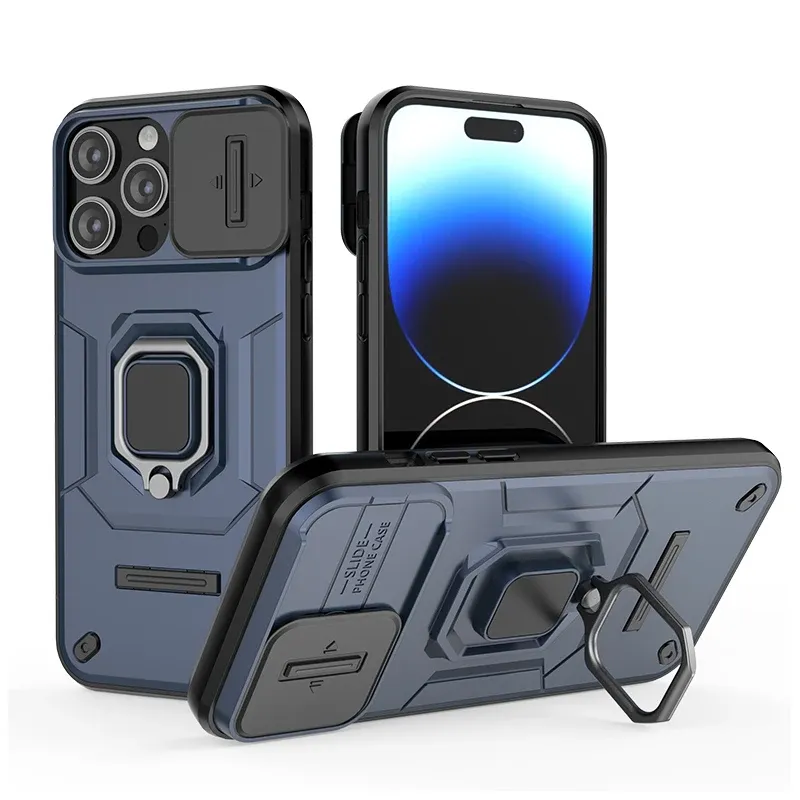 Coque de téléphone blindée avec caméra coulissante, anneau de Protection d'objectif, support magnétique, pour iPhone 15 Pro Max, 14 Plus, 13_voghion.com