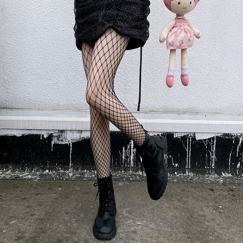 Netzstrümpfe, schwarze Seidenstrümpfe, dichte Netzstrumpfhose mit Zehenpartie, trendige Socken von Internet-Prominenten, zerrissene Jeans, superelastische Strumpfhose mit mittlerem Netz_voghion.com