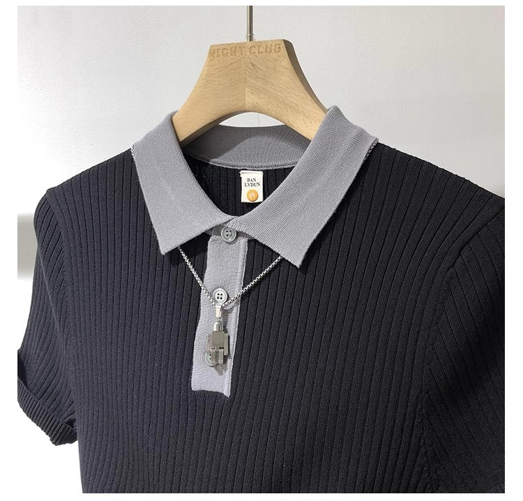 Herrenbekleidung Gestreiftes, kontrastfarbenes, kurzärmliges Poloshirt aus Strick für Herren, neue Sommerkleidung, hochwertiges, lässiges, atmungsaktives Revers-T-Shirt_voghion.com