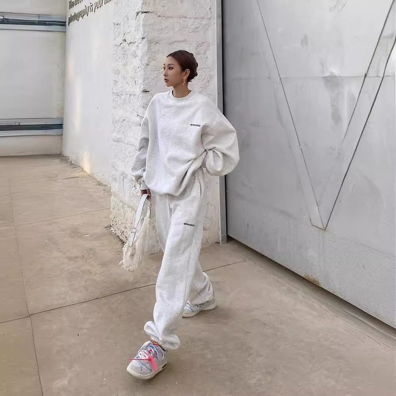 Kadınlar İçin Amerikan Tarzı Trend Gri Sweatshirt Seti, İlkbahar, Sonbahar, Kış, İnce Bol Tembel Rahat Jogger Pantolon_voghion.com