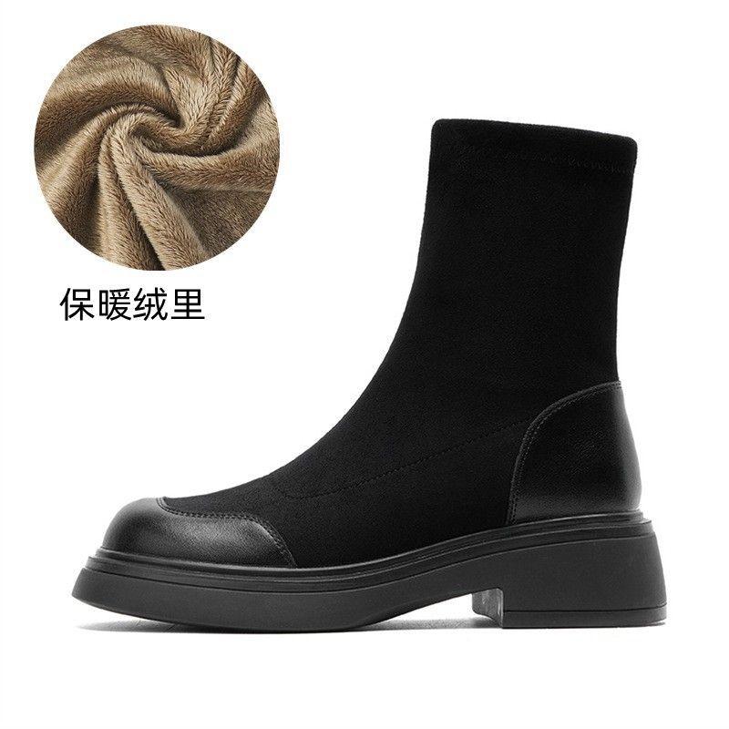 Botas femininas de camurça estilo coreano, bico redondo, meia curta, sola grossa, plataforma, elástica, slim, outono inverno, novas botas Martin_voghion.com