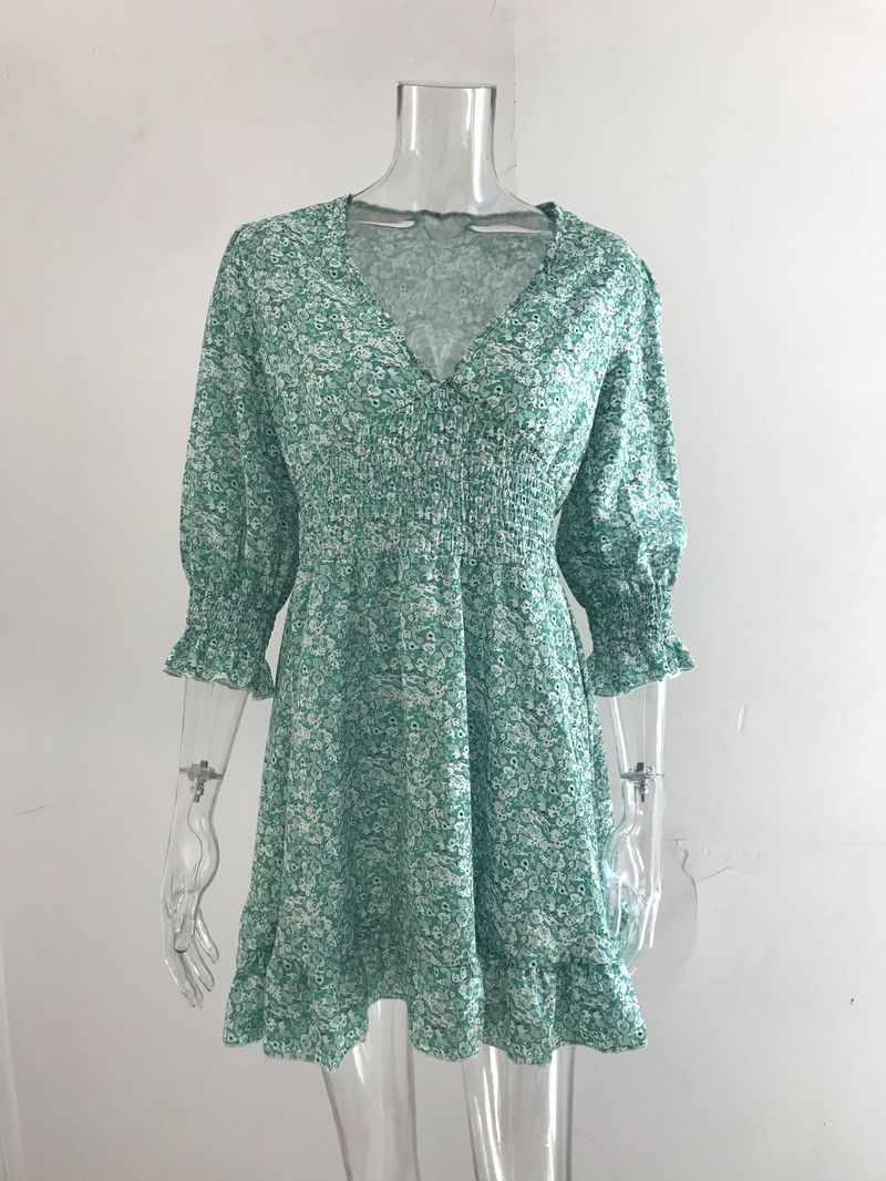 Damenbekleidung Mittellanges Kleid mit Taillenpullover, böhmisches, bedrucktes, kurzärmliges, fragmentiertes Blumenkleid_voghion.com