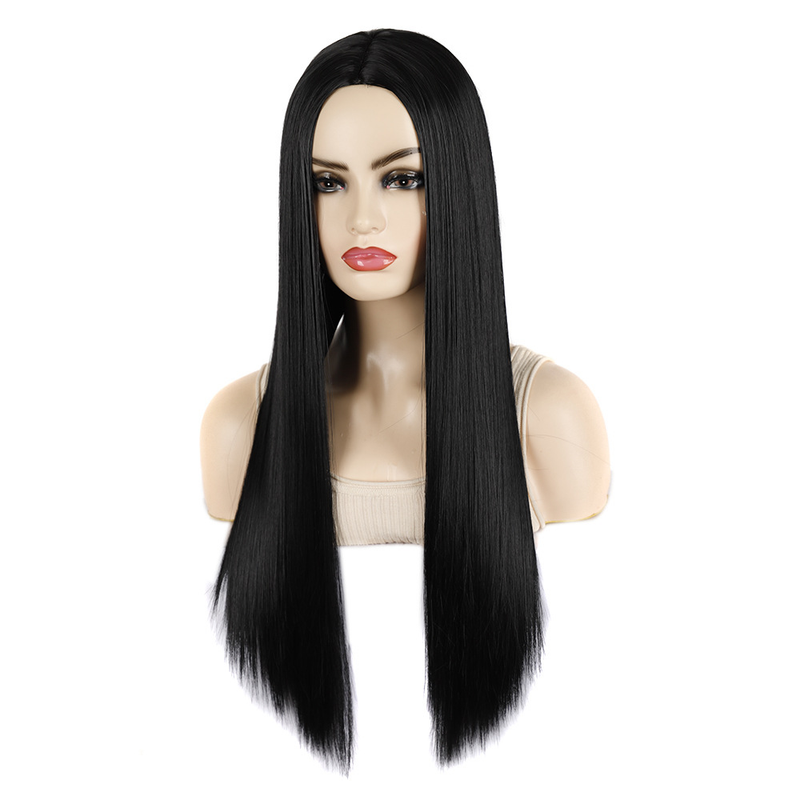 Synthetische Perücke. Schwarzes Stirnband mit geteilter Länge, glattes Haar, komplette Damenperücke aus synthetischen Fasern_voghion.com