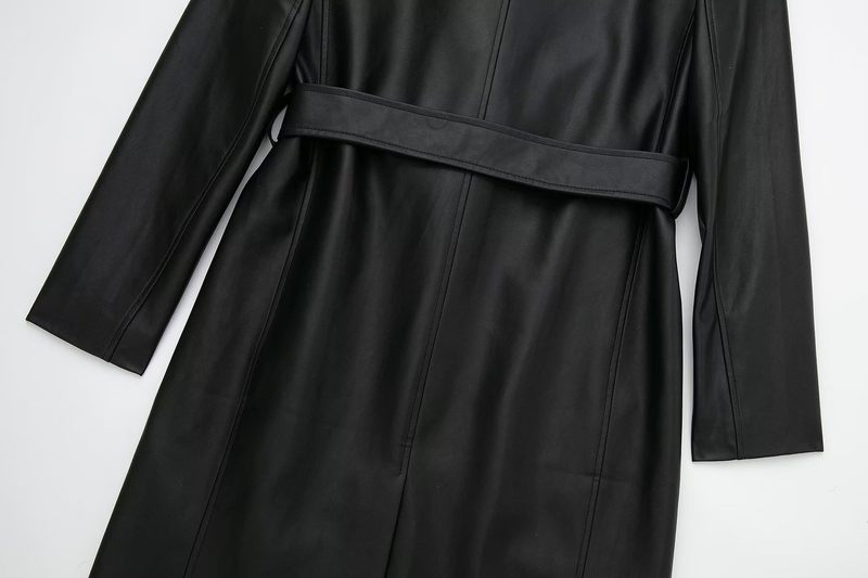 Dametøj mode temperament let velkendt imiteret læder PU sort lang windbreaker jakke kvinde_voghion.com