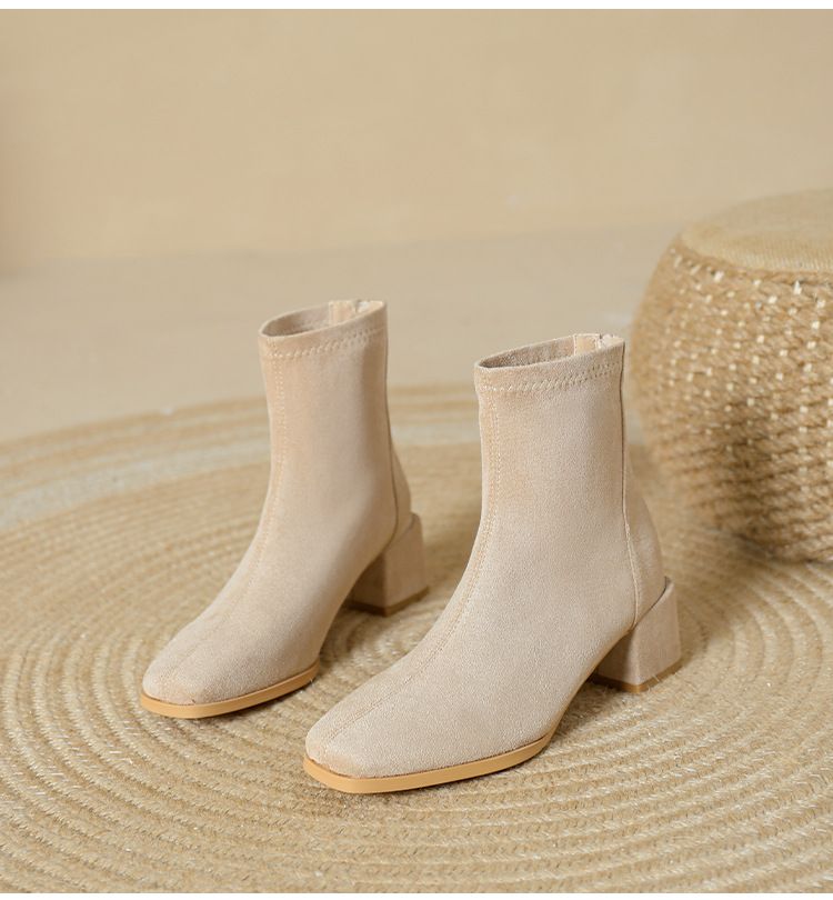 333-1 Autumn Winter New Korean Fashion Square Toe Short Suede Zipper Women's Chunky Mid-Calf High Heel Boots_voghion.com