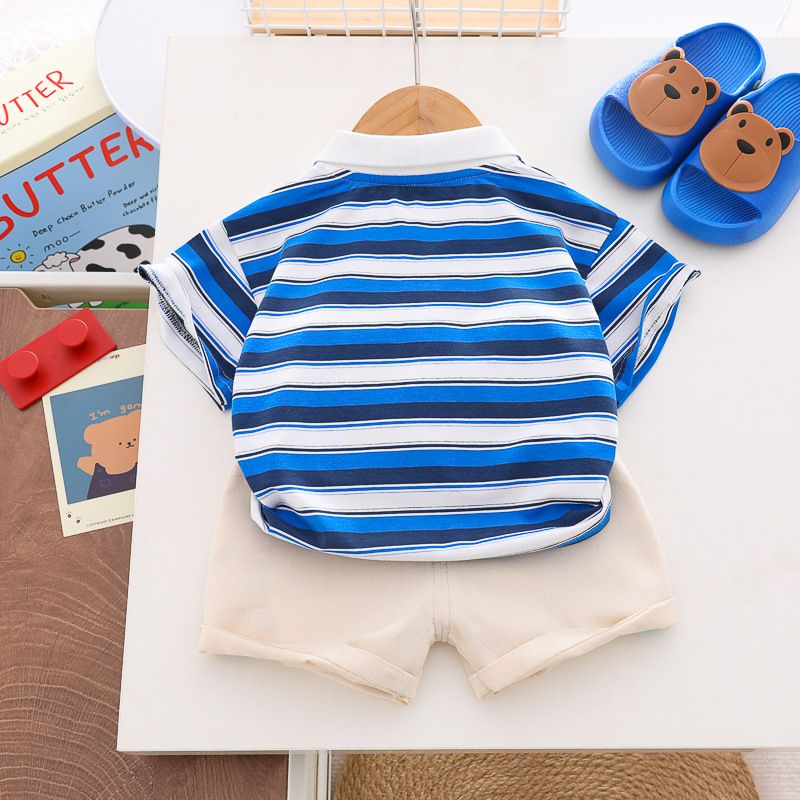 Children's Striped Embroidered Teddy Bear Short Sleeved Set, Trendy 1-4 Year Old New 2024 Summer Boys' Clothing_voghion.com