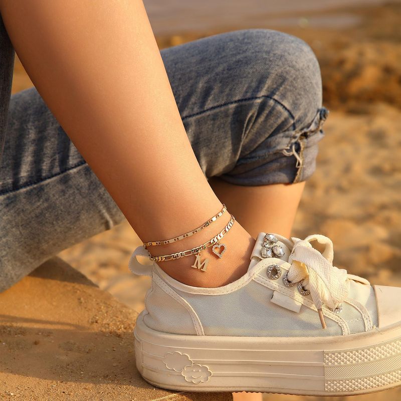 New English 26 Letters Heart Inlaid Zircon Pendant Anklet Double Layer Foot Chain Beach Vacation Accessories_voghion.com