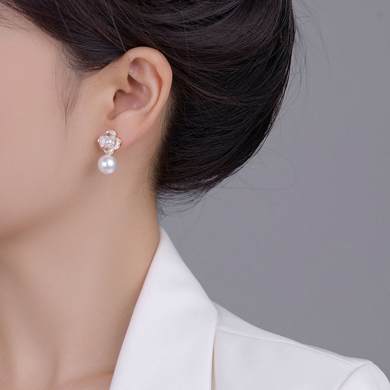 Ohrringe Damen Goldene Edelsteinperlenohrringe S Silbernadel Mode Einfache Eingelegte Diamantblume Perlennische Leichtes Luxusdesign Sanfte Vielseitige Ohrringe_voghion.com