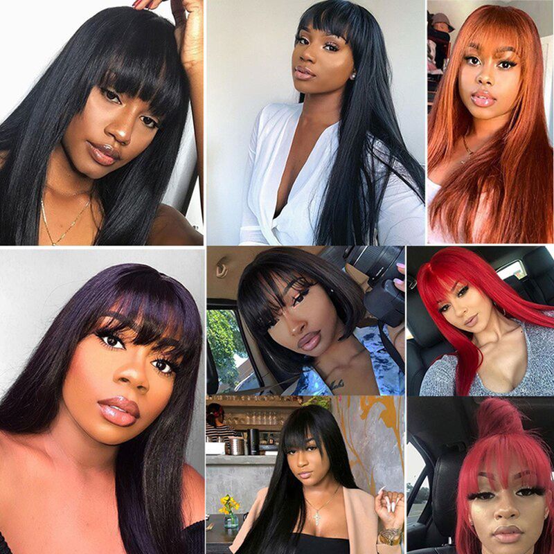 Venda quente curto reto bob cabelo humano com franja perucas feitas em hine completo para mulheres negras peruca franja sem cola brasileira barata_voghion.com