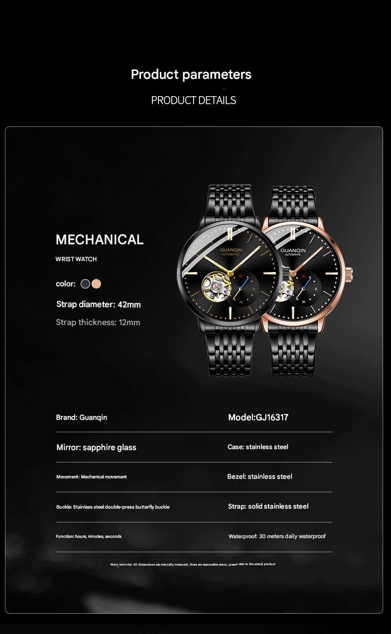 Orologio da polso da uomo GUANQIN con scheletro automatico, meccanico, luminoso, in acciaio inossidabile, stile vintage, con zaffiro, impermeabile_voghion.com