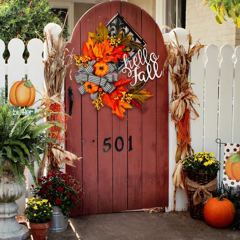 Cross-border Autumn Bow Artificial Garland Harvest Festival Pumpkin Berry Rattan Circle Thanksgiving Decorative Wall Hanging_voghion.com