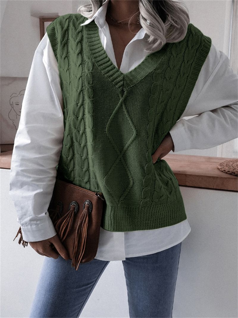 Maglione gilet casual in maglia larga con scollo a V e motivo a trecce, autunno inverno 2024, moda donna_voghion.com