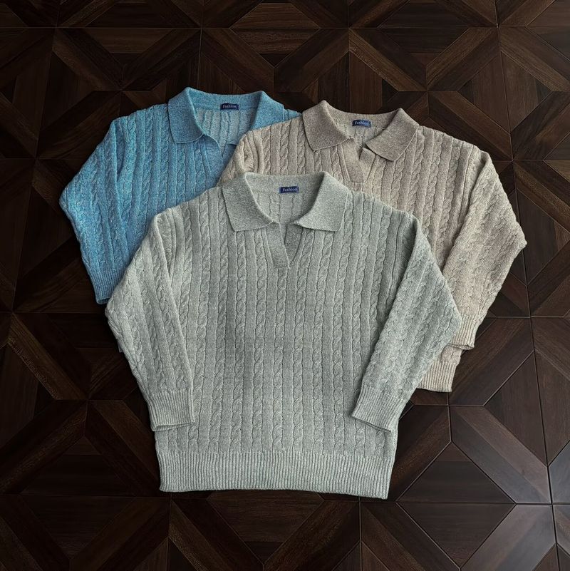 Maglione classico con colletto jacquard: intramontabile ed elegante (S-3XL, grigio/beige/blu, vestibilità comoda, lavabile in lavatrice)_voghion.com