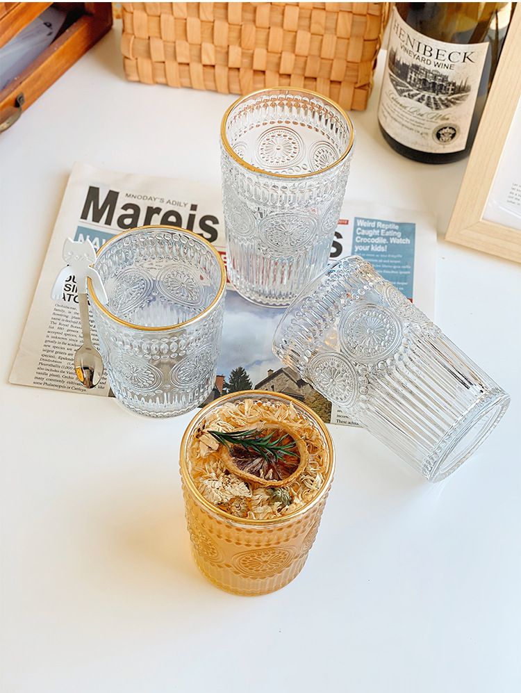 Sunflower Glass Mug With Gold Trim – Hand-Carved Borosilicate Cup For Coffee & Tea, Heat-Resistant & Gift-Ready (350ml, Office/Home Use)_voghion.com