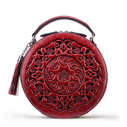 Borsa a tracolla monospalla in vera pelle, stile artistico estivo da donna, piccola borsa rotonda in pelle di vacchetta_voghion.com