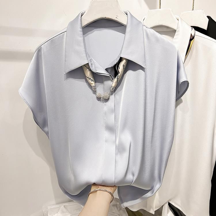 Camicia da donna estiva sottile con risvolto, in chiffon, a maniche corte, con decorazione in seta e sciarpa, stile temperamento_voghion.com