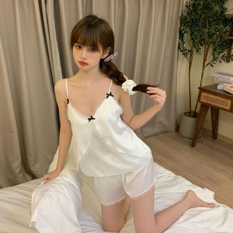 Summer Ice Silk Pure Desire Nightwear Set | 2025 New Women's Chest Cushion Strap+Shorts Sweet Home Clothes Cool And Breathable_voghion.com