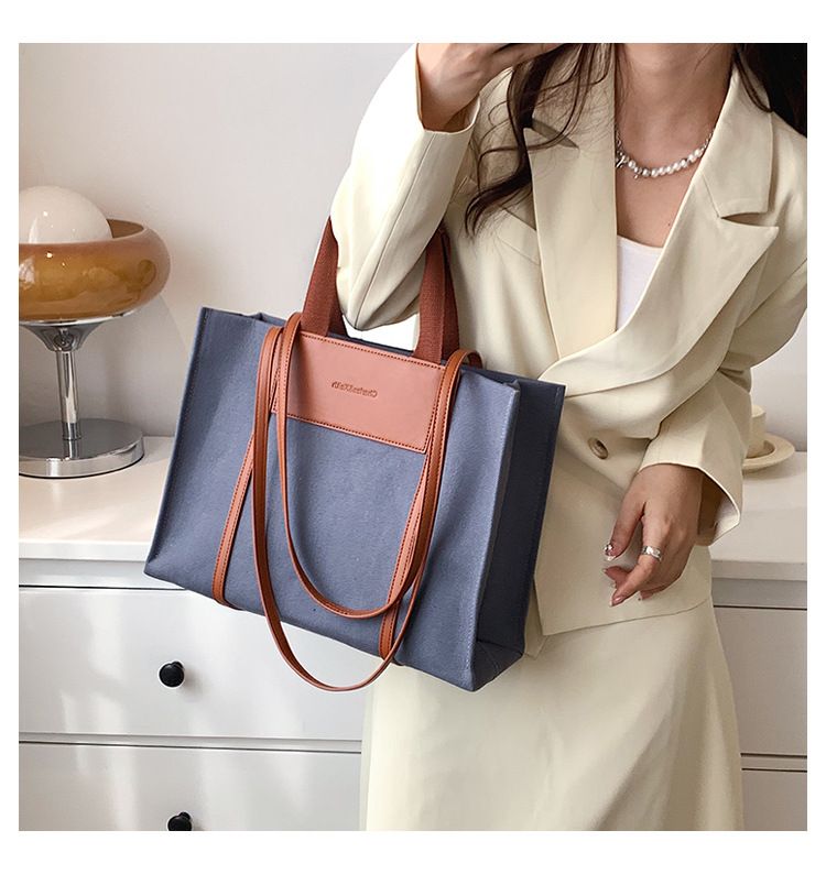 Borse tote da donna, semplici borse tote da donna con colori di tela a contrasto e tracolla singola di grande capacità._voghion.com