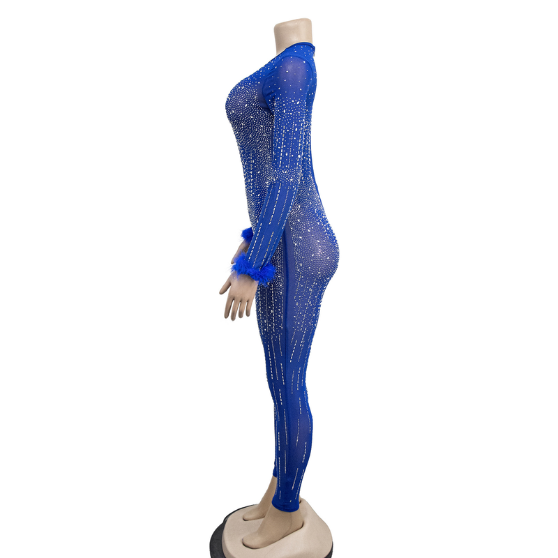 Damenbekleidung Mesh Mesh Hot Diamond V-Ausschnitt Langarm Feder Lang Bibliothek Jumpsuit_voghion.com