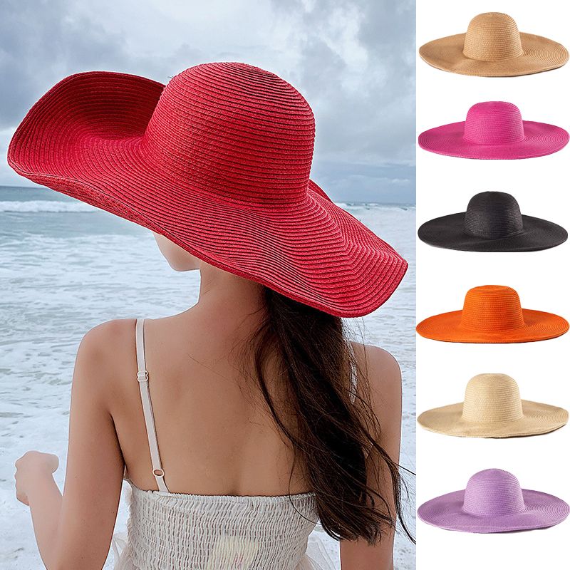 Cappello da spiaggia pieghevole oversize da donna, con tesa larga da 15 cm, estivo, da viaggio, in paglia, per donna, per vacanze all'aperto, arrotolabile, UPF50+_voghion.com