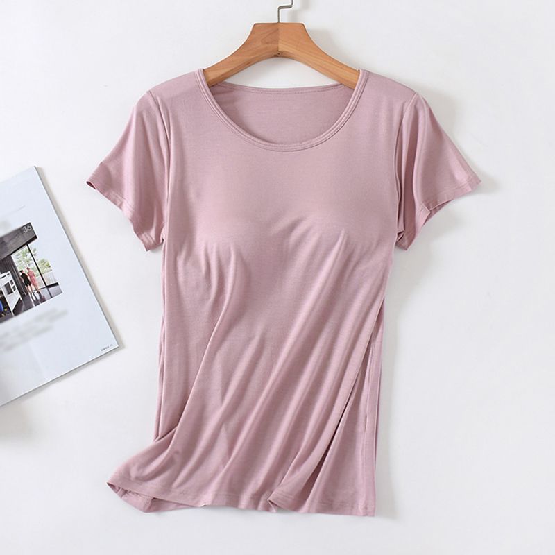 hot selling Women's Modal With Bra Pads Short-Sleeved Top Round Neck Thin Homewear T-Shirt Bottom Shirt Pamas_voghion.com