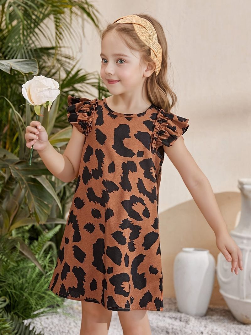 Kinderkleidung INS Frühlings- und Sommerkleider für Mädchen Modisches Leopardenmuster Kleine fliegende Ärmel Modische Kleider für Mädchen Sommerkleidung_voghion.com