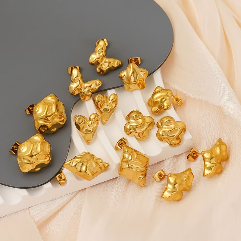 Earrings Unisex Jewelry Fashion Exaggerated Gold Stainless Steel Concave And Convex Hammer Pattern Prismatic Symmetrical Earrings_voghion.com