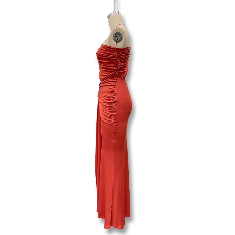 Abito lungo arricciato con lacci, tinta unita, alla moda, con schiena scoperta, monospalla, estivo 2025_voghion.com