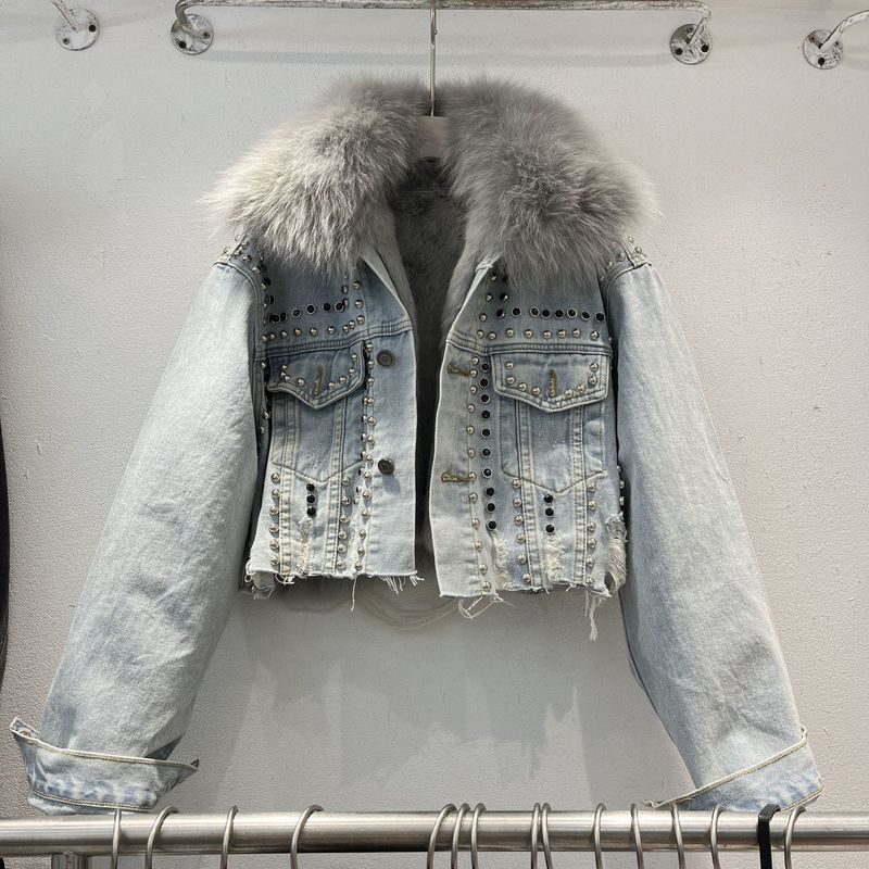 Damen-Parka mit Denim-Fellfutter, herausnehmbarem Kaninchenfellfutter und Fuchspelzkragen – Winterwärme in Hellblau und Schwarz_voghion.com