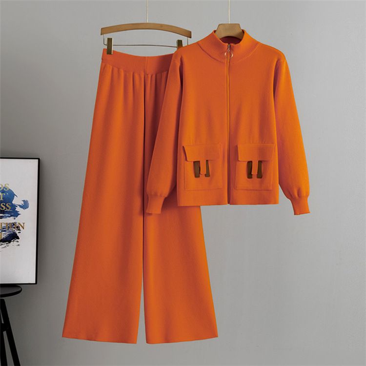Roupas femininas outono e inverno novo cardigan de malha calças de perna larga terno de duas peças tendência_voghion.com