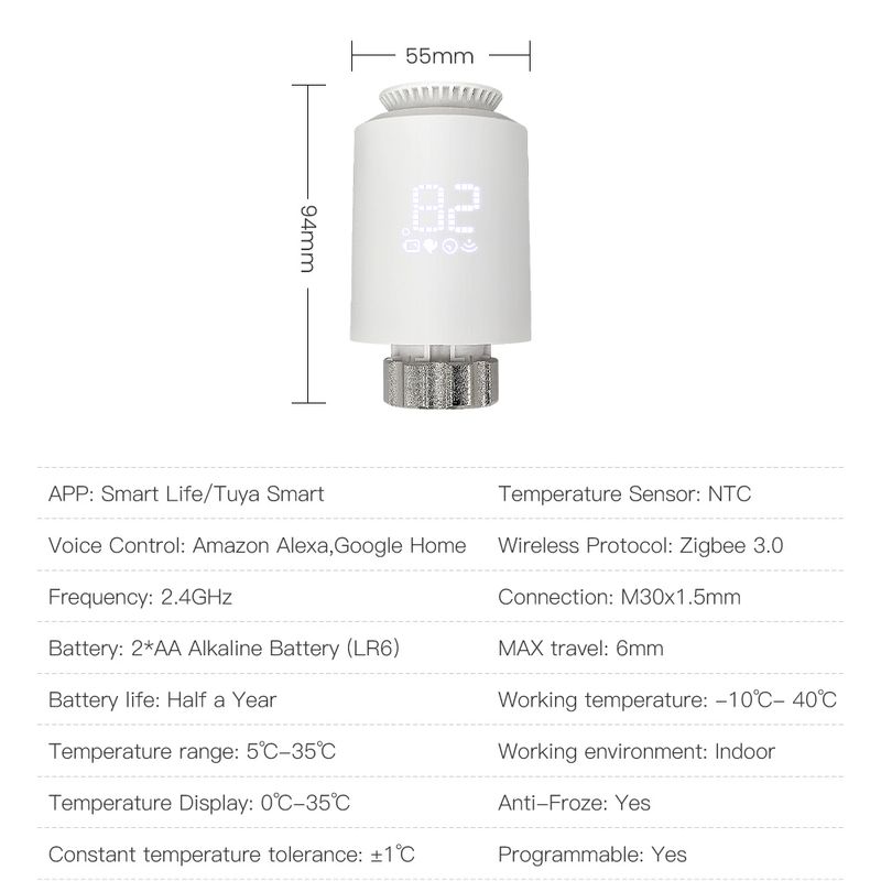 Tuya ZigBee3.0 Thermostat intelligent Actionneur de radiateur TRV Contrôleur thermostatique Vae Fonctionne avec Alexa Google Home Alice_voghion.com