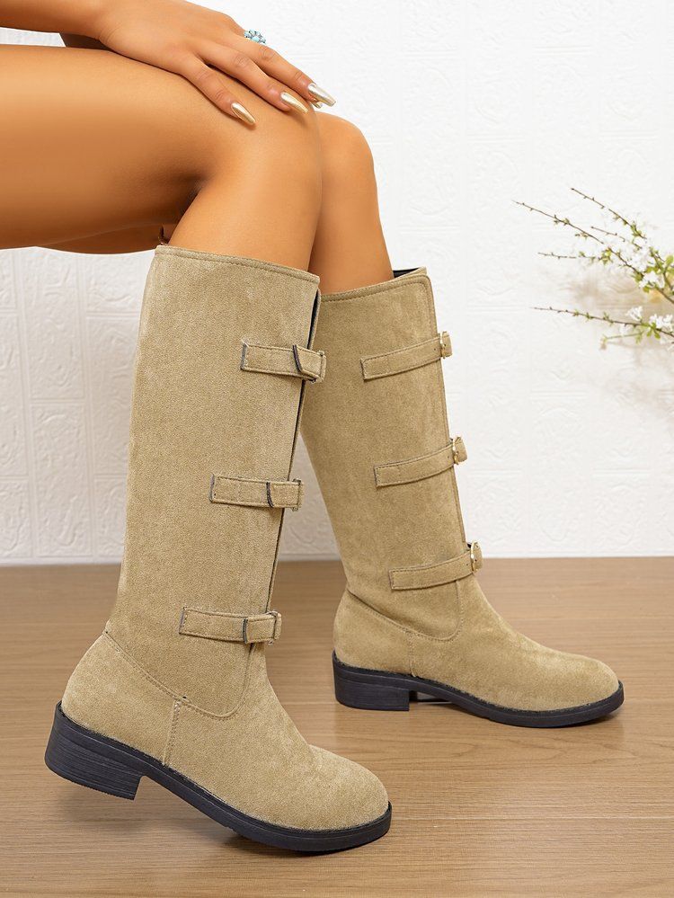 Bottes hautes à talon épais pour femme, mollet large, avec boucle et effet froissé - Daim souple et cuir véritable - Bottes à bout rond et talon mi-haut_voghion.com